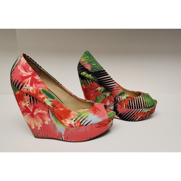 ALDO Womens Tropical Print Hazinski Peep Toe Wedges Size 7.5 - Picture 3 of 10